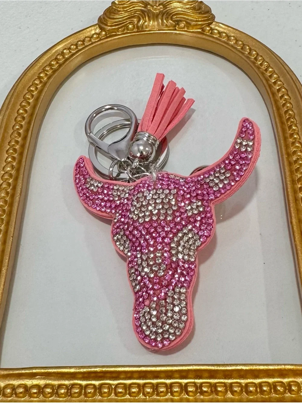 New Pink Rhinestone Bull Head Keychain with Tassel Charm